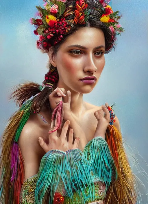 Image similar to beautiful portrait of a mediterranean female wearing fantastic Hand-dyed cotton dress, embellished beaded feather decorative fringe knots ,colorful pigtail,subtropical flowers and plants,symmetrical face,intricate,minority,elegant, highly detailed, 8k,post-processing,digital painting, trending on artstation, concept art, sharp focus, illustration, by artgerm,Tom Bagshaw,Daniel Gerhartz,Albert Aublet,Lawrence Alma-Tadema