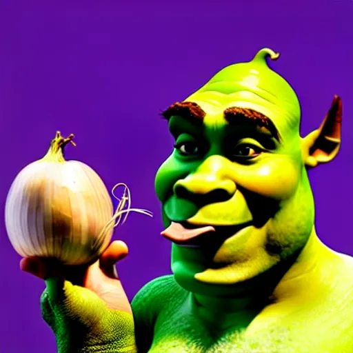 Image similar to a stock photo of shrek eating an onion, 8 k, ultra - realistic, white background, face cluse - up