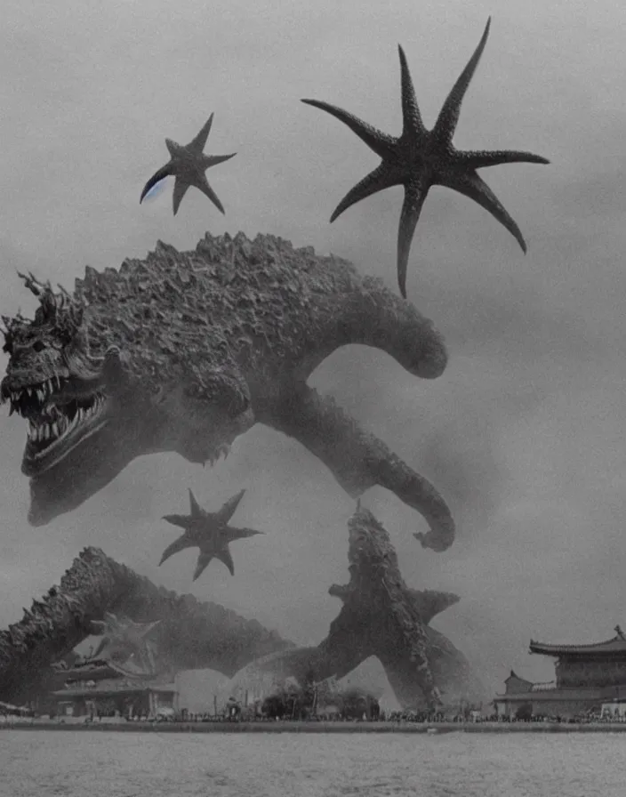 Image similar to a filmstill of a north korean monster movie, kaiju - eiga monster with starfish - arms trampling a traditional korean palace, foggy, film noir, epic battle, etheral, explosions, communist propaganda, communist epic thriller produced by kim jong - il, cinematography by akira kurosawa and tim burton, video compression