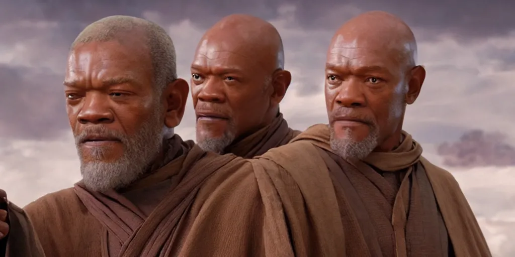 Prompt: obi - wan kenobi disney plus show, played by ewan mcgregor finds and discovers old mace windu is alive in a cave played by samuel l jackson, greet eachother, side by side, old friends, ultra realistic, 4 k, movie still, uhd, sharp, detailed, cinematic, render, modern