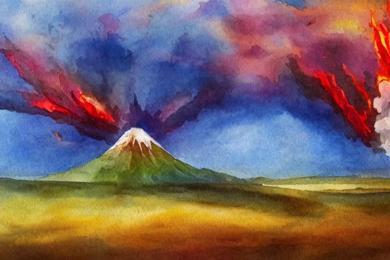 Image similar to peaceful sunny landscape with burning volcano in center and heavy thunderstorm above it, aquarelle painting, trending on artstation, 4 k