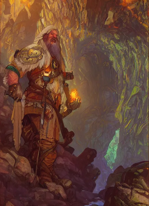 Image similar to Dwarven miner exploring deep caverns. Fantasy concept art. Epic painting by James Gurney, and Alphonso Mucha. ArtstationHQ. painting with Vivid color. (Dragon age, witcher 3, lotr)