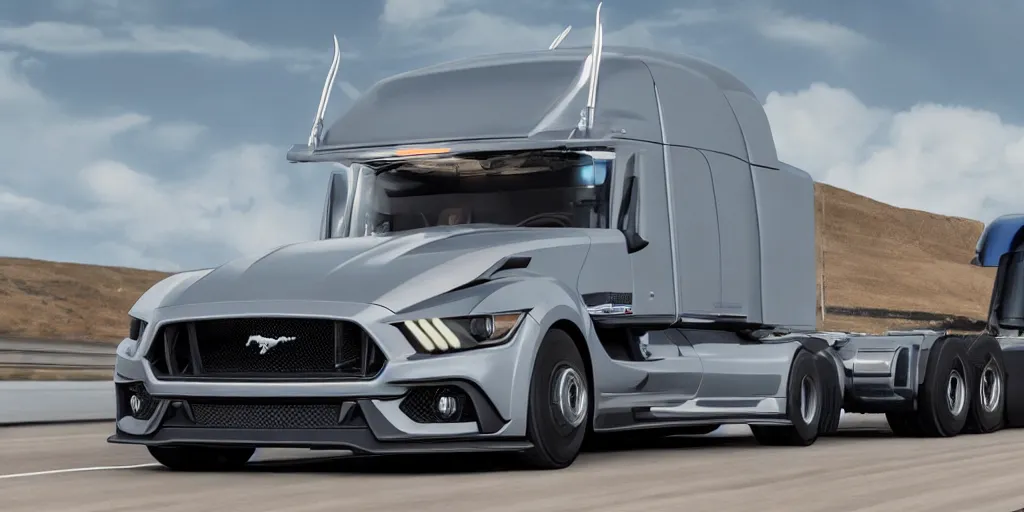 Image similar to a semi-truck with Ford Mustang GT 2021 front design. No background, concept art style.