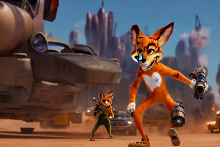 Image similar to nick wilde ( from zootopia ), heavily armed and armored facing down armageddon in a dark and gritty reboot from the makers of mad max : fury road