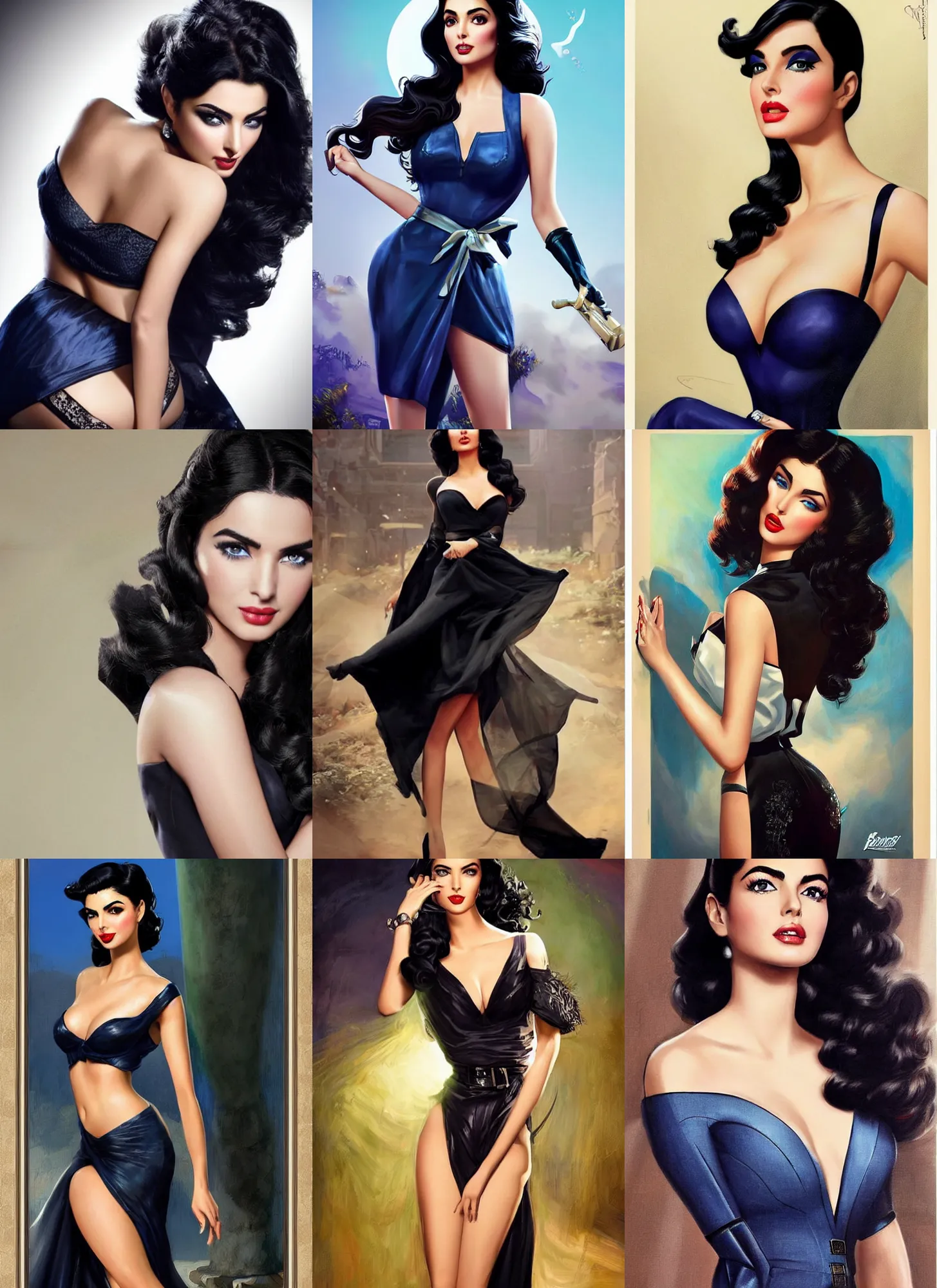 Prompt: ameera al taweel, blue eyes, wavy black hair, seductive, beautiful, elegant, alluring by gil elvgren, in the skin of fortnite