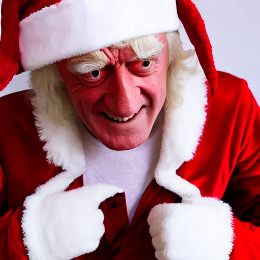 Image similar to jimmy savile in santa costume, detailed, super realistic, 8 k,