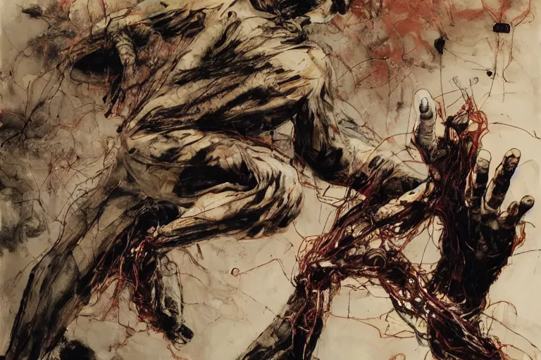 Prompt: GoPro footage page of tetsuo\'s arm morphing into flesh, wires and tubes, by Katsuhiro Otomo, Phil hale, Ashley wood, Ilya repin, frank frazetta, 8k, hd, high resolution print