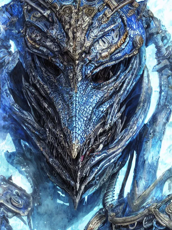 Image similar to portrait art of 8k ultra realistic blue Dragonborn, detailed intricate ornate armour,decaying, cybernetic, full of colour, cinematic lighting, battered, trending on artstation, 4k, hyperrealistic, focused, extreme details,unreal engine 5, cinematic, masterpiece, art by ayami kojima, giger
