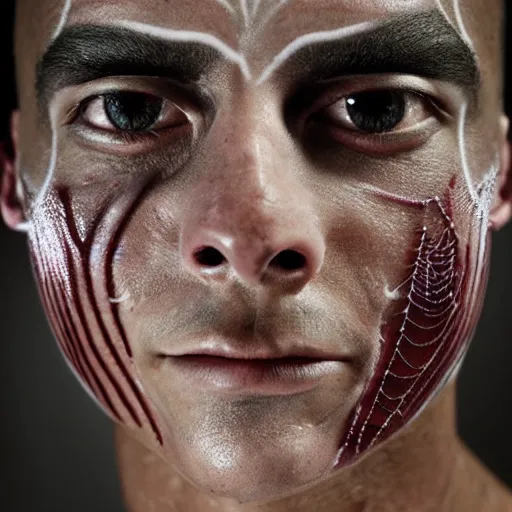 Prompt: a close up portrait of a beautiful athletic young male alien with his skin covered in spiderweb tattoos , photographed by erwin olaf, artistic