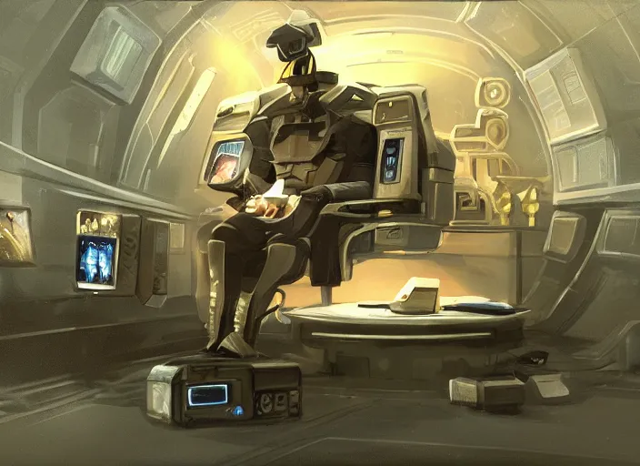 Image similar to a man sitting on a chair with things attached to his head, screens in front of him playing videos, ship interior, futuristic, scifi, concept art, surreal