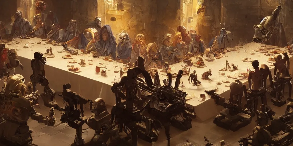 Image similar to the last supper of hitech robots robots robots robots. highly detailed, digital painting, artstation, concept art, smooth, sharp focus, illustration, art by pascal blanche and greg rutkowski and alan blackwell and sylvian boussiron