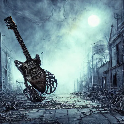 Image similar to death robot shredding guitar, standing in ruined burning street by Yoshitaka Amano, by HR Giger, biomechanical, 4k, hyper detailed, hyperrealism, anime, a Blood Moon rising on a Broken World, deviantart, artstation