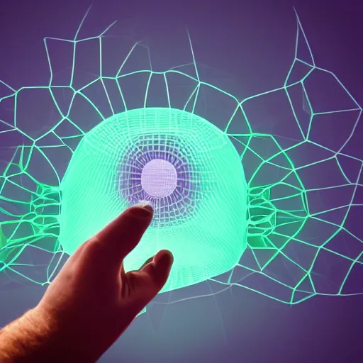 Image similar to Person using a holographic 3d mind map. User interface. Award-winning. UX/UI. User experience. Natural intuitive expressive. Multi-layered. Graspable. Easy. Complex.