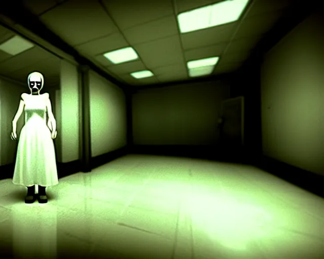 Image similar to creepy woman wearing white dress standing in the backrooms, playable trailer, psychological horror, the eerie forlorn atmosphere of a place that's usually bustling with people but is now abandoned and quiet, buzzing fluorescent lights above the ceiling, unsettling images, liminal space, dark