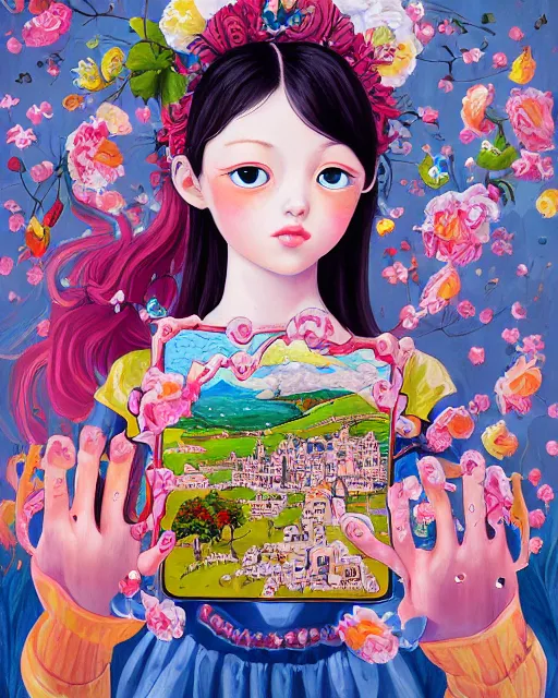Prompt: a painting of a girl with a castle in her hands, poster art by Hikari Shimoda, featured on pixiv, pop surrealism, whimsical, rococo, maximalist