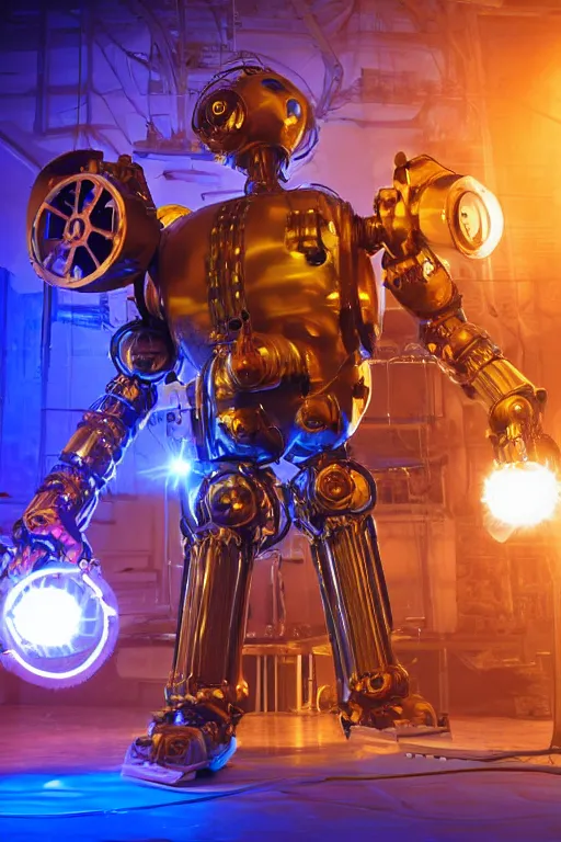 Prompt: portrait photo of a giant huge golden and blue metal humanoid steampunk robot vaccuum cleaner, with gears and tubes, in the hand are mop and bucket, eyes are glowing red lightbulbs, shiny crisp finish, 3 d render, 8 k, insaneley detailed, fluorescent colors, background is multicolored lasershow