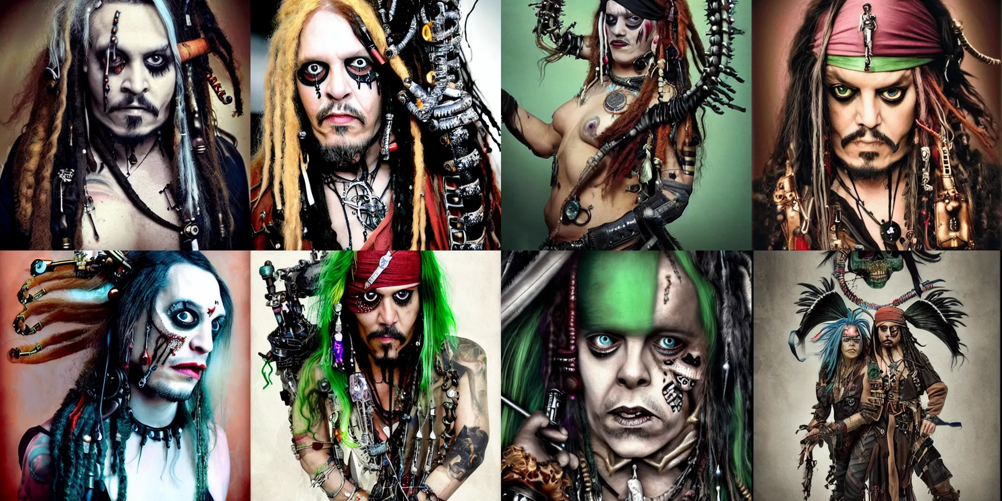 Prompt: dead cyborg Genesis P-Orridge as Jack Sparrow embraced by passion, full body portrait, insane avant-garde professional hair style, dramatic hair color, fully tattoed mechanical snake skin, emerald eyes, amber jewels, ornate clothing, baroque digital painting, epic cinematic, steampunk sci-fi, psychedelic, realistic, hyperdetailed, chiaroscuro, concept art, art by Jon Foster and Michael Whelan and Amano and Karol Bak