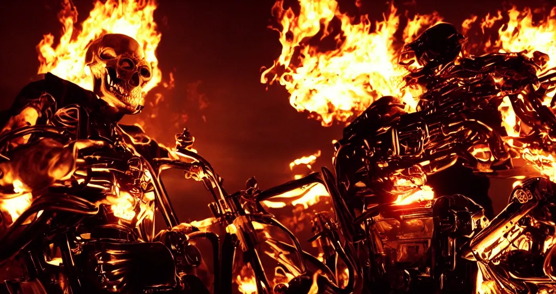 Prompt: movie still from the ghost rider flaming skull cyberpunk movie directed by the Wachowskis, epic anime style, practical effects, ominous, cinematic lighting, photo realism, filmic, dark saturated colors, terrifying sci-fi horror masterpiece, full body portrait, black background, by Giger