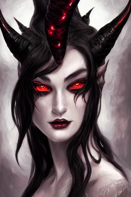 Prompt: portrait of female succubus with black hair and glowing amber eyes and horns, dnd, fantasy, intricate, elegant, highly detailed, digital painting, artstation, concept art, smooth, sharp focus, illustration, art by narcisse navarre