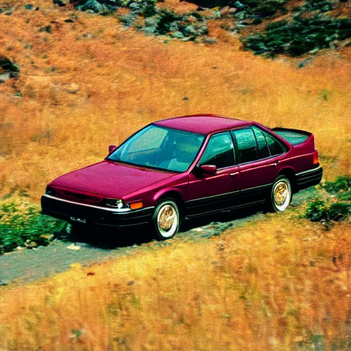 Prompt: maroon 1991 subaru legacy, driving on mountain of salmon skeletons, expressionist painting