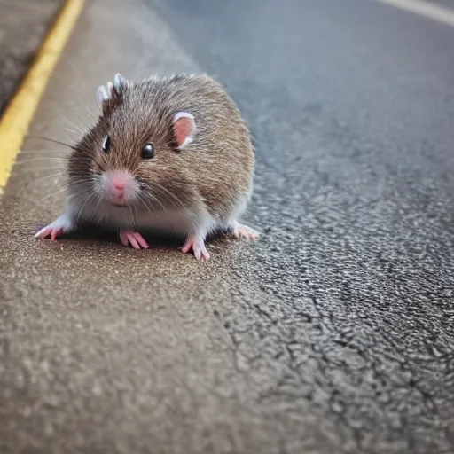 Prompt: soaking wet hamster begging for change on the side of the road