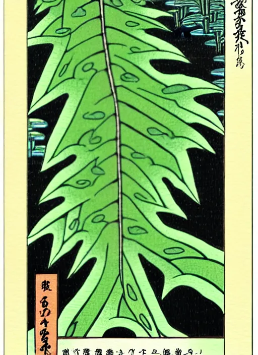 Image similar to fantasy scientific botanical trading card illustration of a green leafy plant that grows like a waterfall ,Ukiyo-e, isometric view, diego rivera