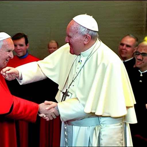 Image similar to photgraph of the pope john paul ii shaking hands with kanye west