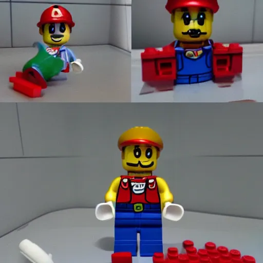 Prompt: a photo of realistic plumber mario as a lego mini figure