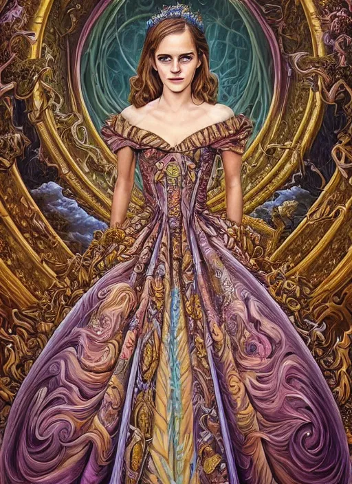 Image similar to beautiful oil painting, full length portrait of Emma Watson in baroque coronation robes 1701, Dan Mumford, Dan Mumford, Alex grey, Alex grey, highly detailed , lsd visuals, dmt fractal patterns, hallucinogen, visionary art, psychedelic art, ornate, vaporwave, baroque