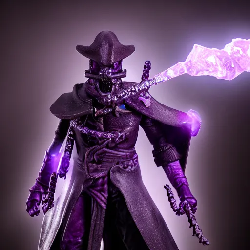 Prompt: Abyss Watcher, Purple Crystals, Mystic Creature, Light fog, raytracing, 40nm lens, shallow depth of field, split lighting, 4k,