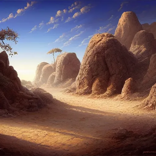 Image similar to a beautiful sand and ash landscape with rocks jutting out of the ground and a deep blue sky. dust clouds. by Peter Mohrbach and Mark Keathley, highly detailed concept art