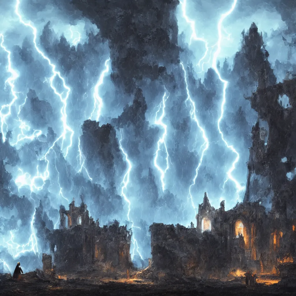 Image similar to a still of a cloaked figure standing in the ruins of crux prime, monastery, there is lightning, blue fiery maelstrom in the distance, it is raining, digital art, artstationhq