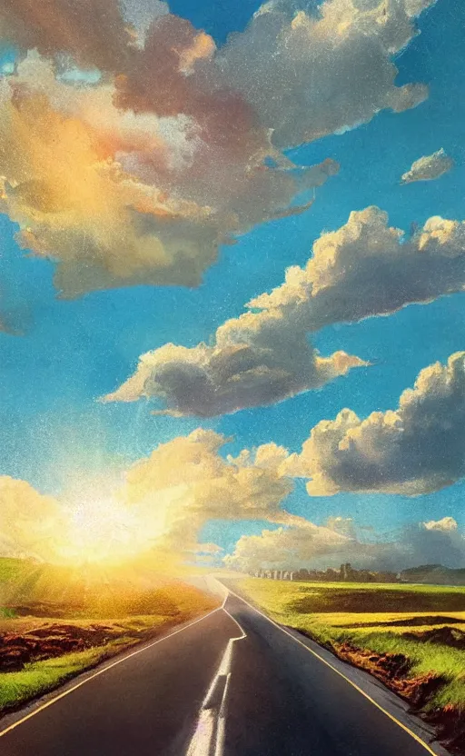 Image similar to paperback book cover. 1 9 5 0 s. pure colors, melting clouds, accurately drawn details, a sunburst above a receding road with the light reflected in furrows and ruts, after rain. photorealistic. octane render. cinematic. trending on artstation. textless.