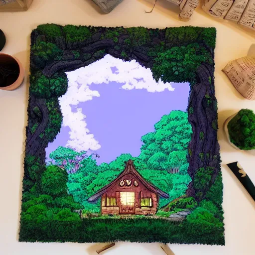 Image similar to Studio Ghibli cozy forest cottage