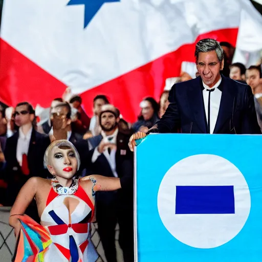 Image similar to Lady Gaga as president, Argentina presidential rally, Argentine flags behind, bokeh, giving a speech, detailed face, Argentina