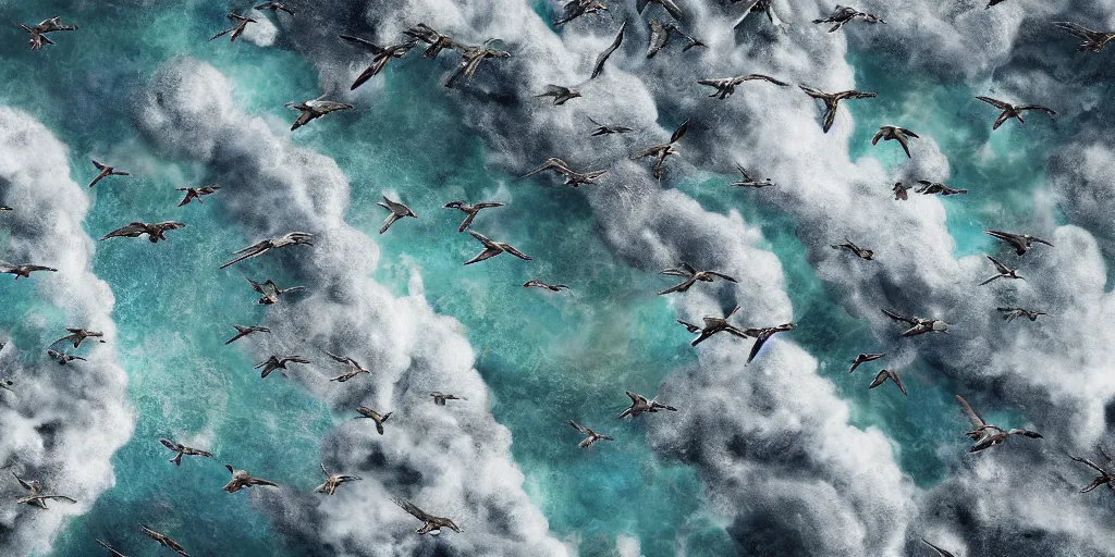 Prompt: a professional photographic view picture of a giant number of birds over a heavenly ocean,photographic filter unreal engine 5 realistic hyperdetailed 8k ultradetail cinematic concept art volumetric lighting, fantasy artwork, very beautiful scenery, very realistic painting effect, hd, hdr, cinematic 4k wallpaper, 8k, ultra detailed, high resolution, artstation trending on artstation in the style of Albert Dros glowing rich colors powerful imagery