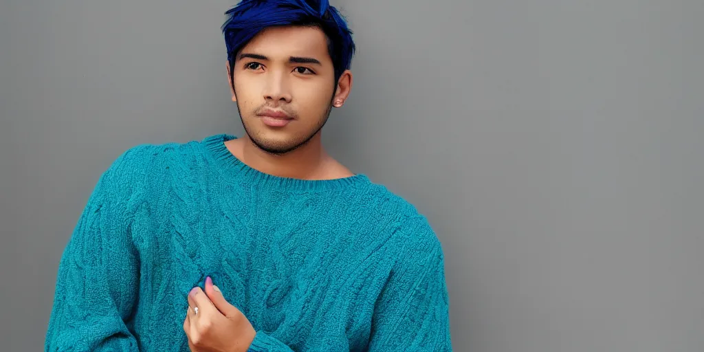 Image similar to Male, Male, Male, Male, Male, short hair, blue hair, dark skin, teal sweater, wavy hair, photograph, hd,