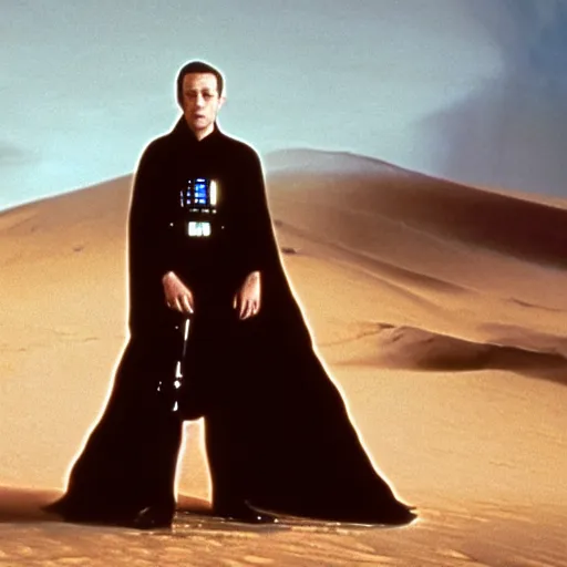 Image similar to film still of young alec guiness as a jedi in new star wars movie, dramatic lighting, highley detailled face, kodak film, wide angle shot, desert landscape