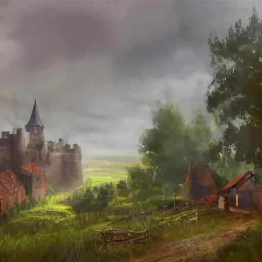 Prompt: high quality concept art from a historical fiction video game set in bohemia, medieval village in a meadow near a castle during a light rainstorm, 4K HD, oil painting