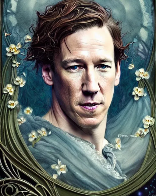 Image similar to beautiful and playful ethereal tobias menzies ( outlander ) portrait, art nouveau, fantasy, intricate flower designs, elegant, highly detailed, sharp focus, art by artgerm and greg rutkowski and wlop