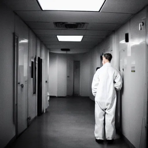 Prompt: a male scientist wearing a lab coat lost suit inside the very dark empty unsettling creepy backrooms, liminal space, horror scene