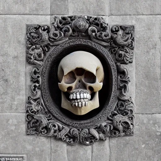 Prompt: a award winning stunning photograph of a skull with eyeballs and ornate carvings