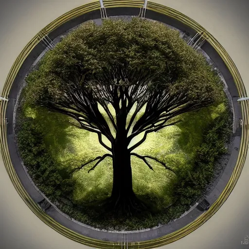 Image similar to soul tree of the earth, perfect symmetry, left side chaos, right side serenity, circular base surrounding grand tree, cinematic, ultrarealistic, intricate detail, finely detailed, small details, extra detail, high resolution, 3D, volumetric lighting, octane render, 8k, ultradetailed, photorealistic,