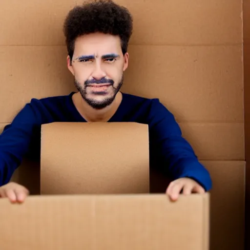 Prompt: a man inside a cardboard box