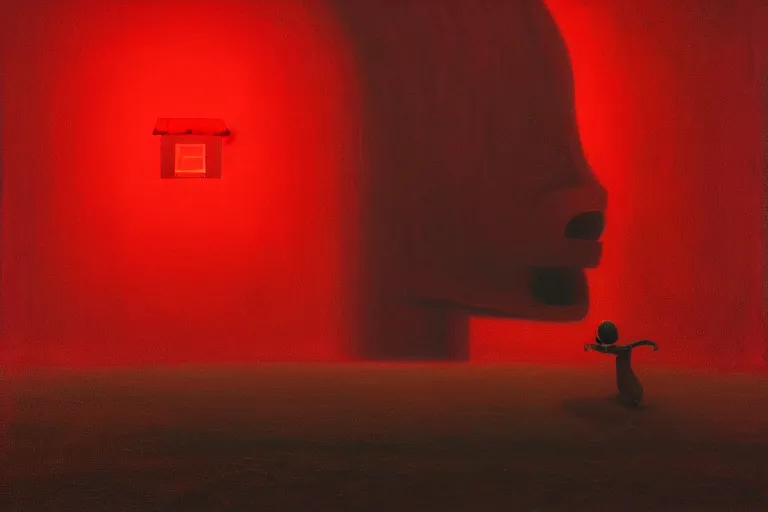 Image similar to only with red, netflix studios with workers at work, a big mickey mouse head in the middle, in the style of beksinski, parts by edward hopper, parts by rodcenko, parts by yue minjun, intricate and epic composition, red by caravaggio, insanely quality, highly detailed, masterpiece, red light, artstation, 4 k