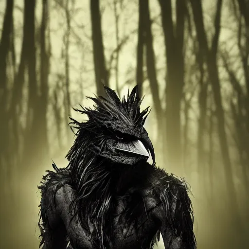 Image similar to werecreature consisting of a crow and a human, featured on artstation, photograph captured in a dark forest