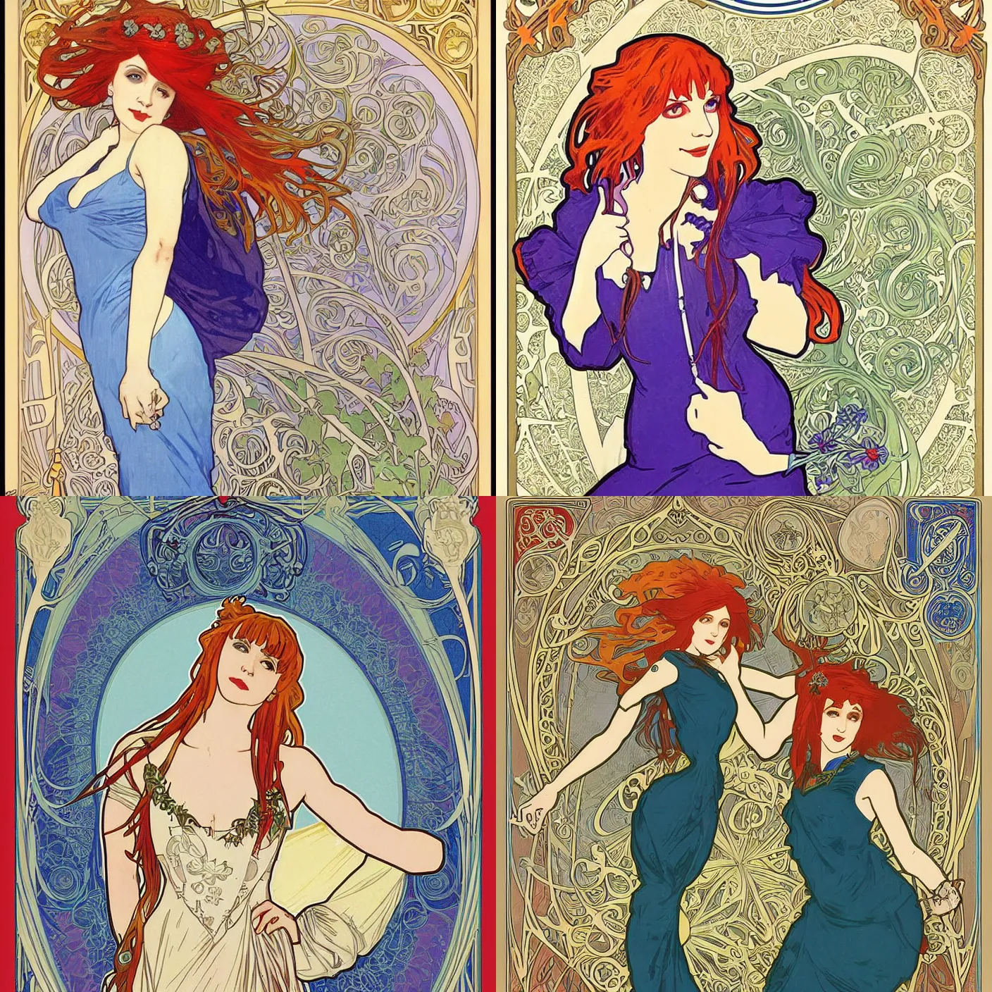 Image similar to Alphonse Mucha, art nouveau, cardstock, pretty female Hayley Williams Paramore, smile, symmetrical, victorian blue dress, long red hair, full body action pose, gold green blue purple