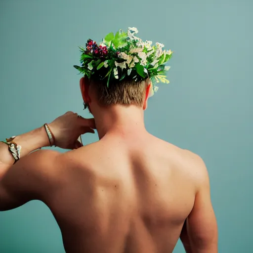 Image similar to kodak portra 4 0 0 photograph of a skinny blonde guy standing in a cluttered bedroom, back view, flower crown, moody lighting, telephoto, 9 0 s vibe, blurry background, vaporwave colors, faded!,