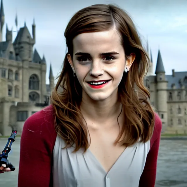 Image similar to Joyful!!! smiling Emma Watson wearing cyborg prosthetic. From Her (2013). Clear Hands. Clear body. Light Clothes. Hogwarts as Background. Cinematic. Professional Photo. UHD. 8k. Clear Face.