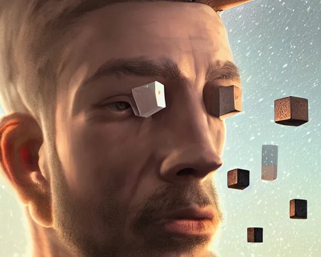 Image similar to portrait of wizard with ion stone cubes orbiting head, intricate abstract. intricate artwork, by tooth wu, wlop, beeple, dan mumford. concept art, octane render, trending on artstation, greg rutkowski very coherent symmetrical artwork. cinematic, key art, hyper realism, high detail, octane render, 8 k, iridescent accents